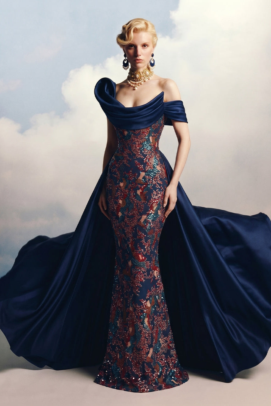 Fouad Sarkis F03044 – Midnight Embellished Mermaid Gown with Detachable Overskirt