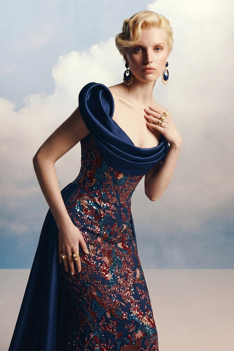 Fouad Sarkis F03044 – Midnight Embellished Mermaid Gown with Detachable Overskirt