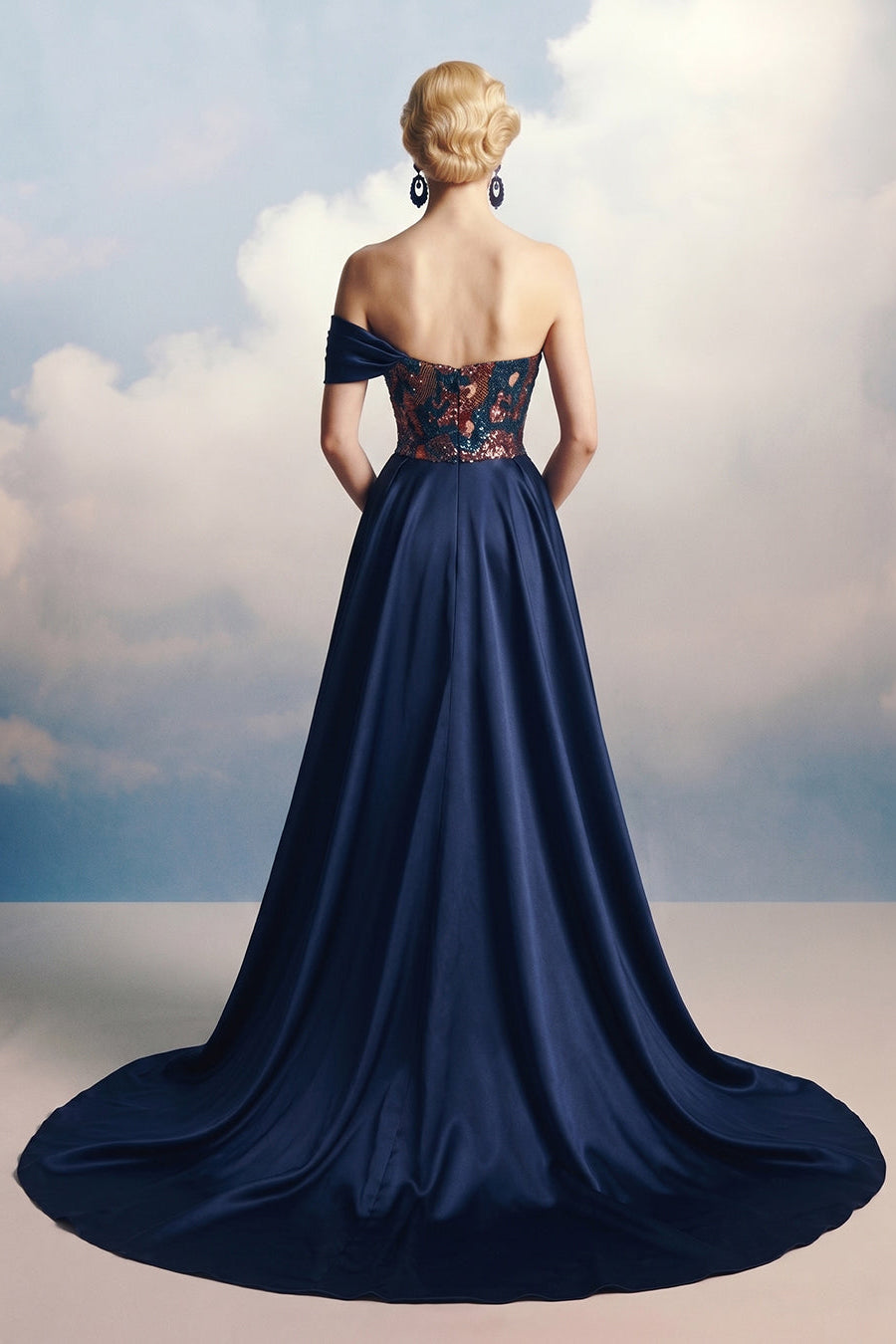 Fouad Sarkis F03044 – Midnight Embellished Mermaid Gown with Detachable Overskirt