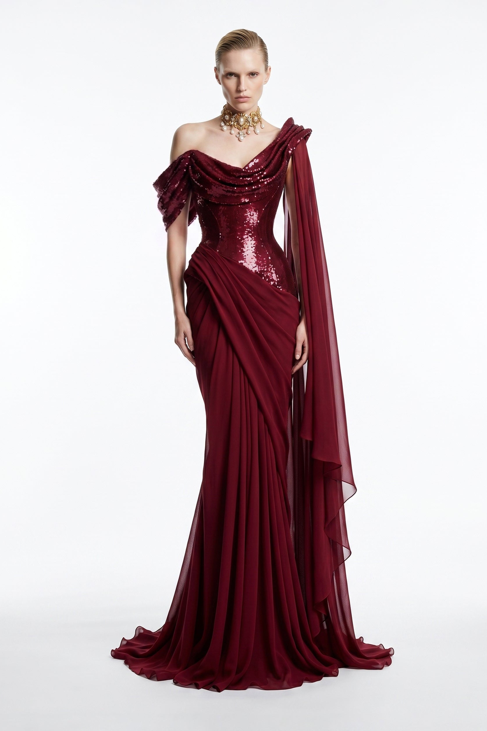 فؤاد سركيس F3048 – فستان سهرة عنابي بكتف واحد مزين بالترتر وشيفون مطوي