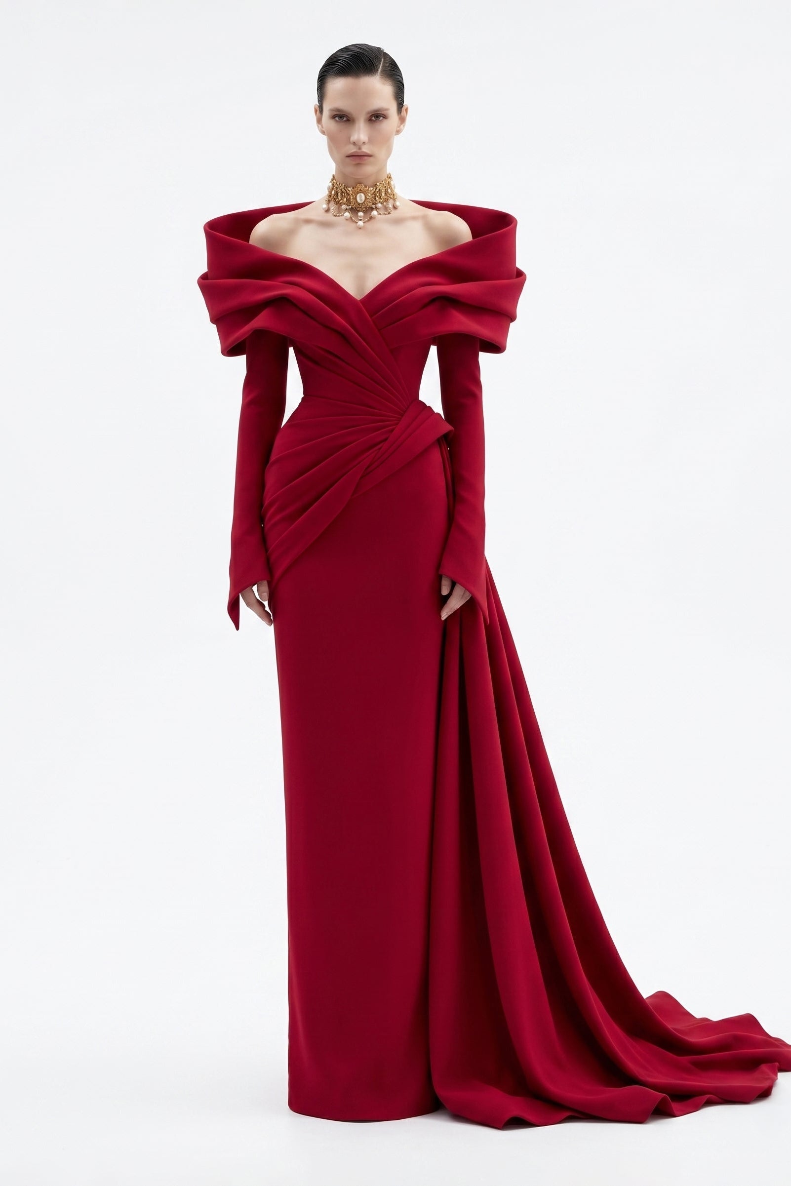 فؤاد سركيس F3049 – فستان سهرة طويل الأكمام مكشوف الكتفين باللون القرمزي مع درابيه