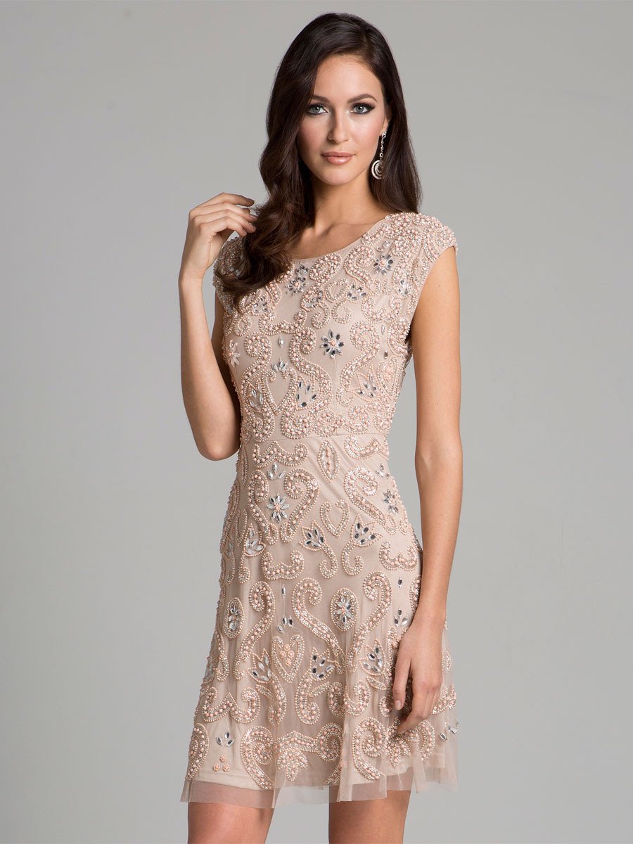 Lara Allison Short Sleeve Beaded Cocktail Dress in Ivory 33404