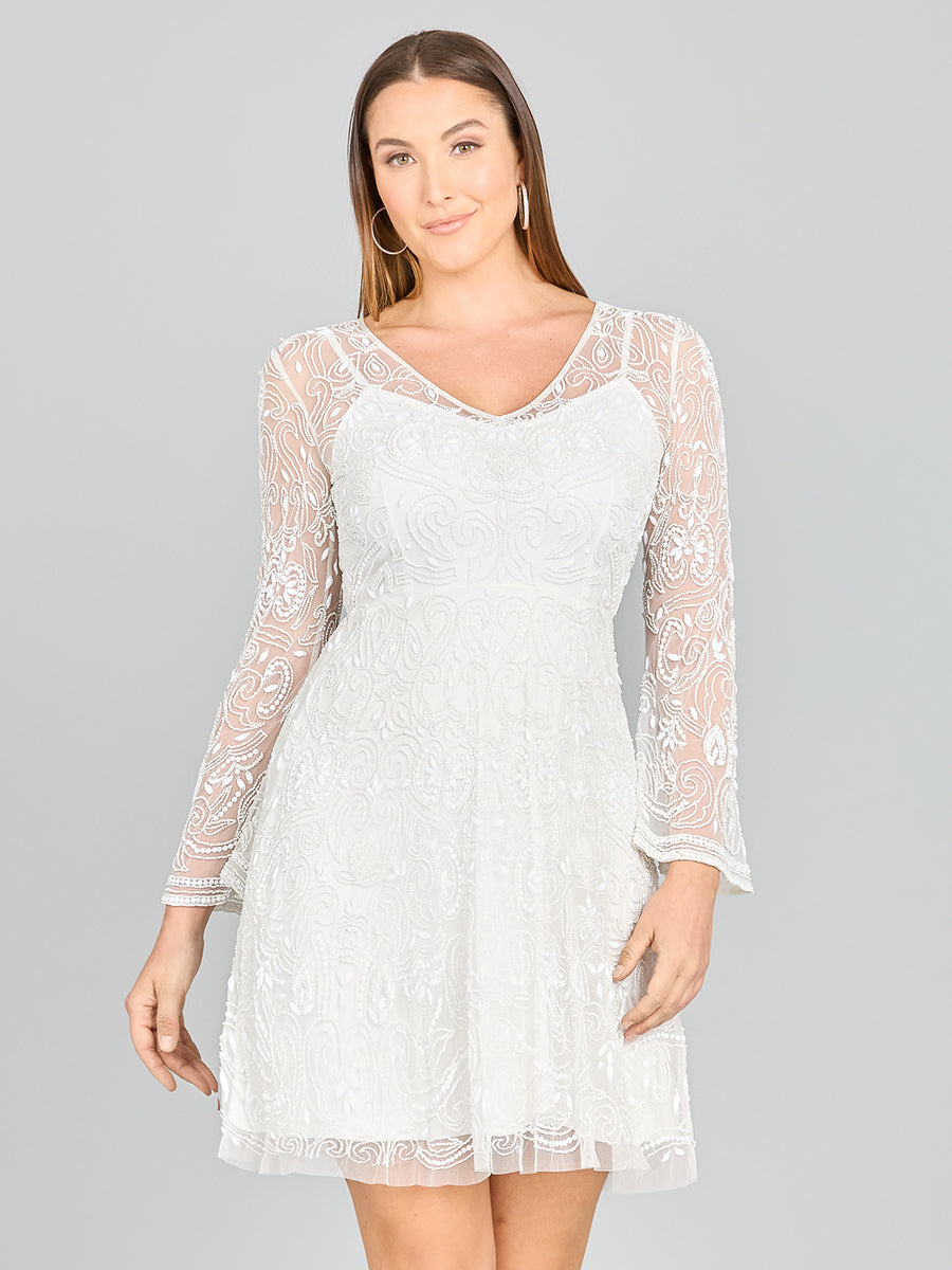 Lara Eliza Beaded A-line Bell Sleeve Bridal Short Dress 33414 Lara Eliza Beaded A-line Bell Sleeve Bridal Short Dress 33414