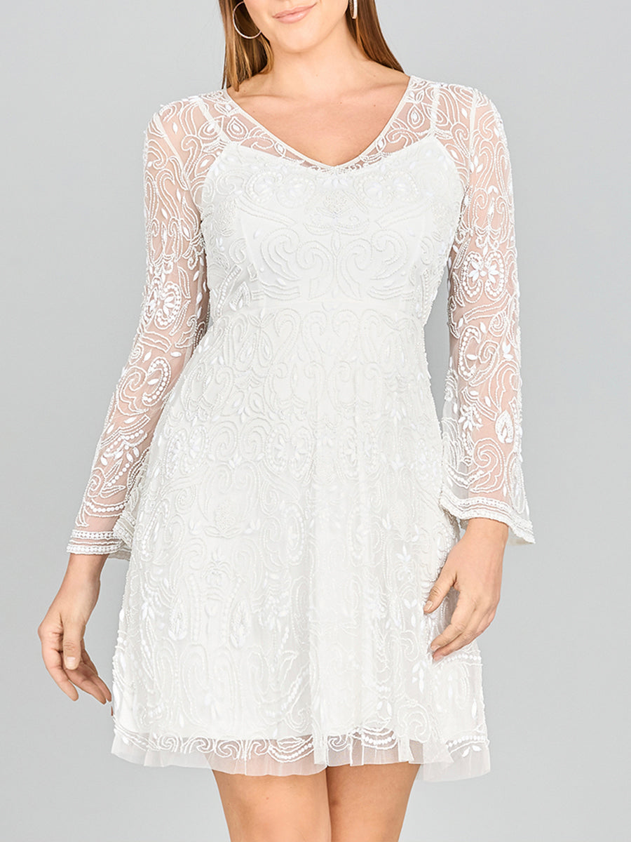 Lara Eliza Beaded A-line Bell Sleeve Bridal Short Dress 33414