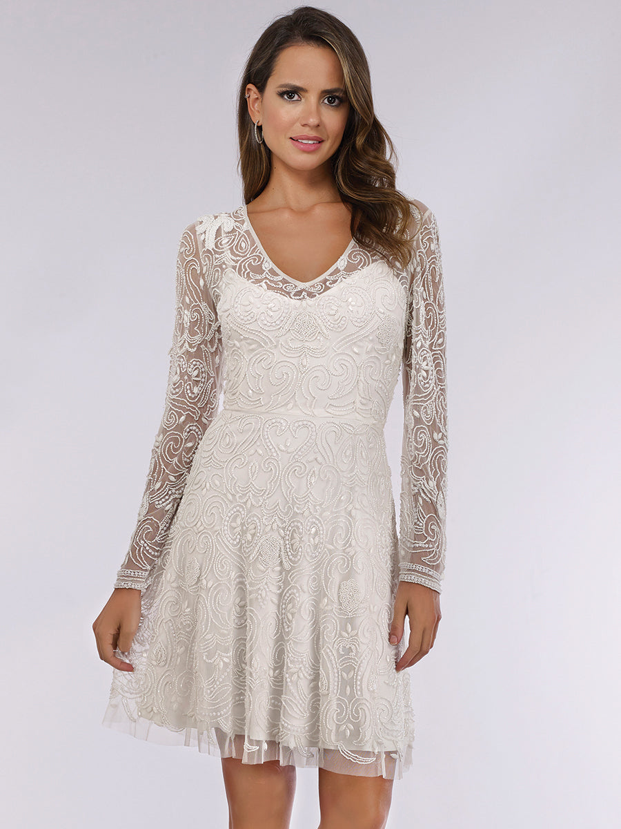 Lara Eliza Beaded A-line Bell Sleeve Bridal Short Dress 33414