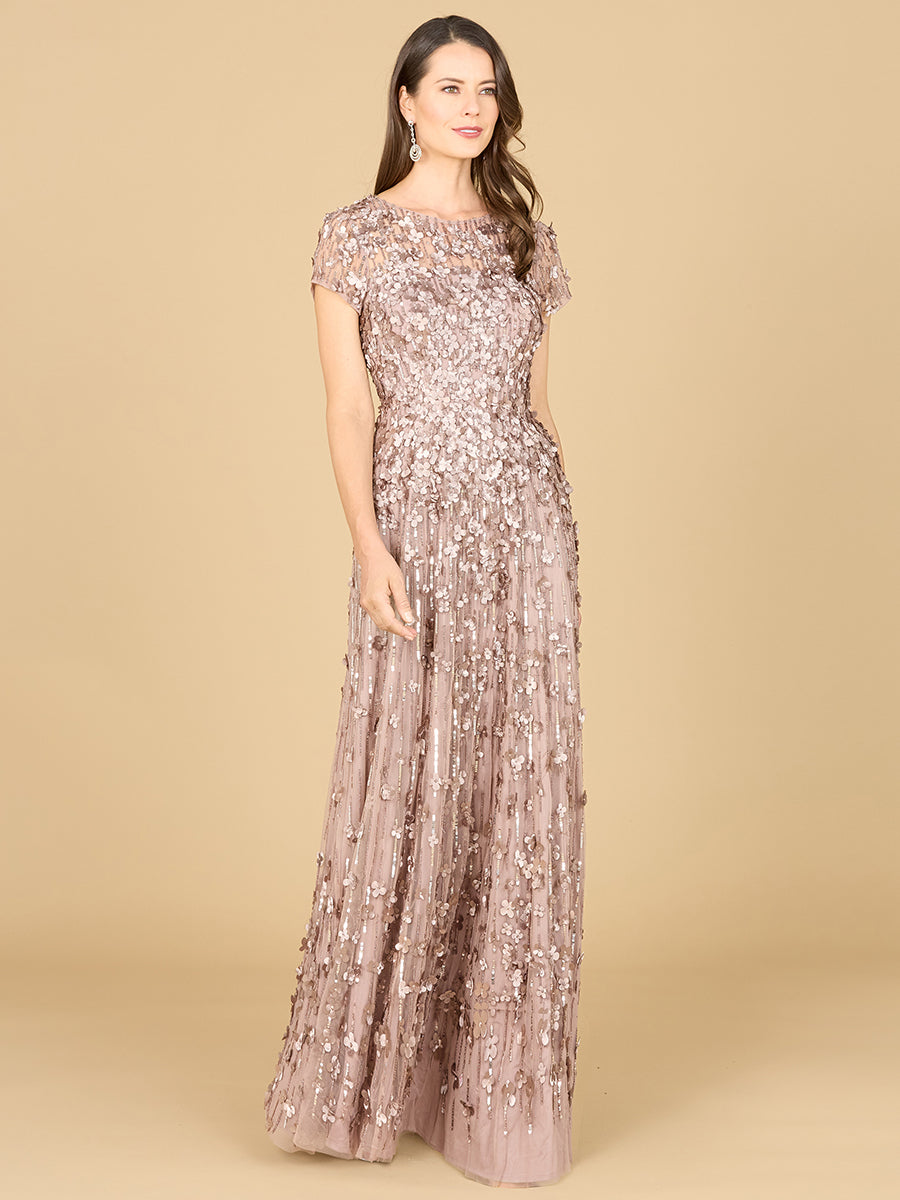 3D Floral Embellished Cap Sleeve Gown 29181