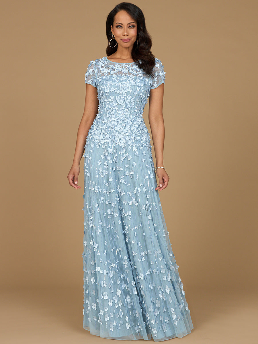 3D Floral Embellished Cap Sleeve Gown 29181
