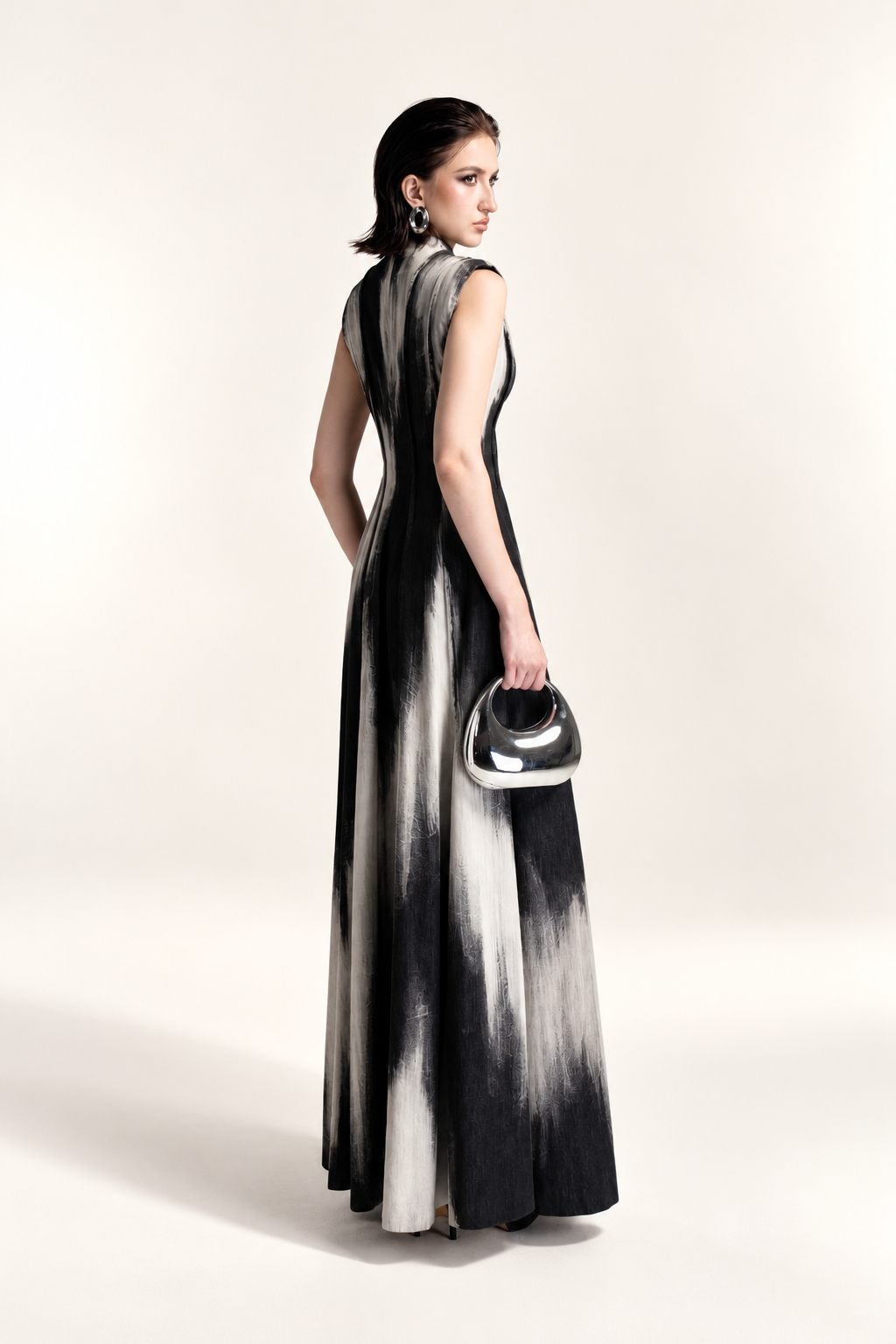 Stand-Collar Raised-Panel Washed Denim Dress