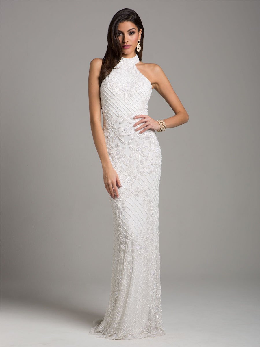 Lara Women's Lattice-Beaded Halter Neck Sheath Wedding Gown - Ivory Lara Women's Lattice-Beaded Halter Neck Sheath Wedding Gown - Ivory