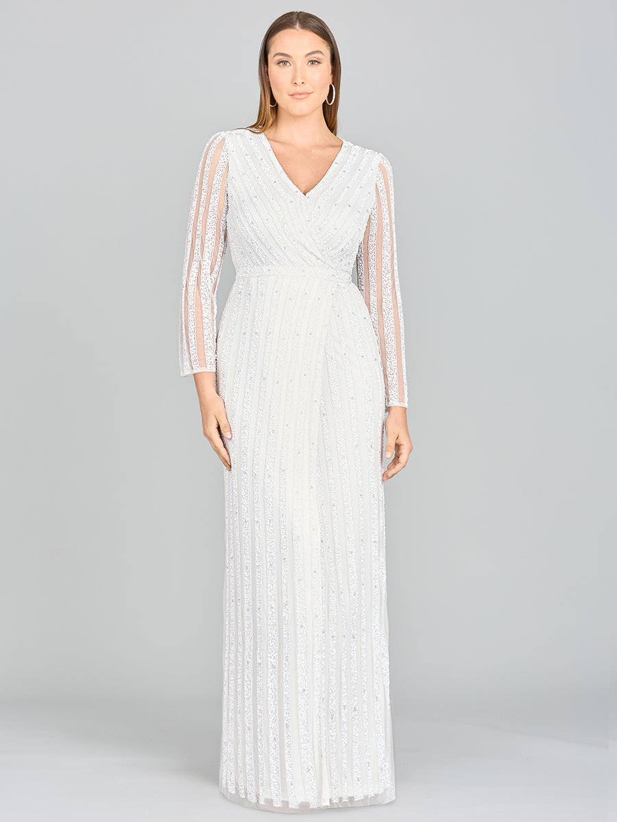 Lara Blair Long-Sleeve Beaded Surplice Sheath Gown 51007