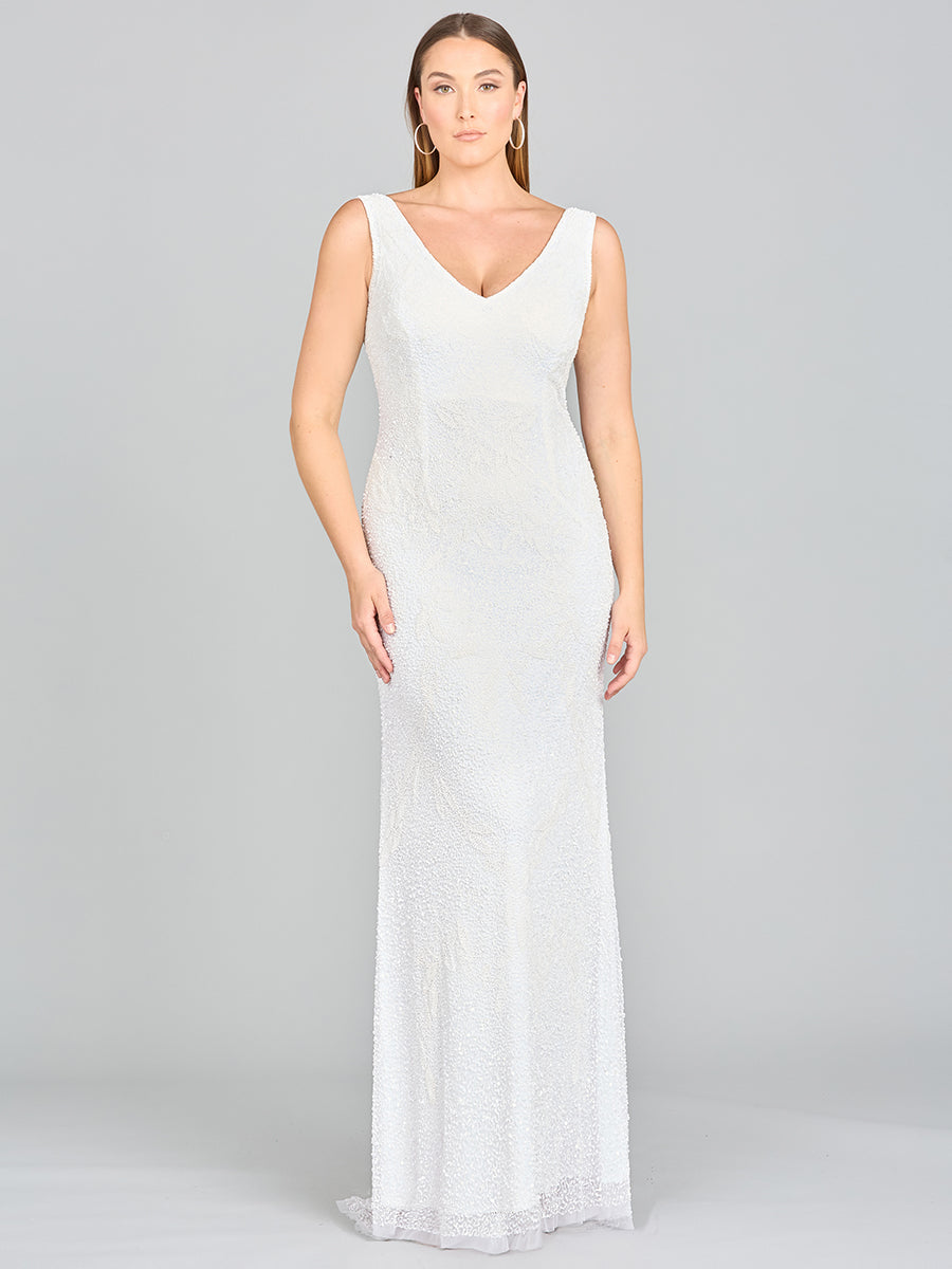 Lara Erika Beaded Draped Cowl Back V-Neck Wedding Dress 51049