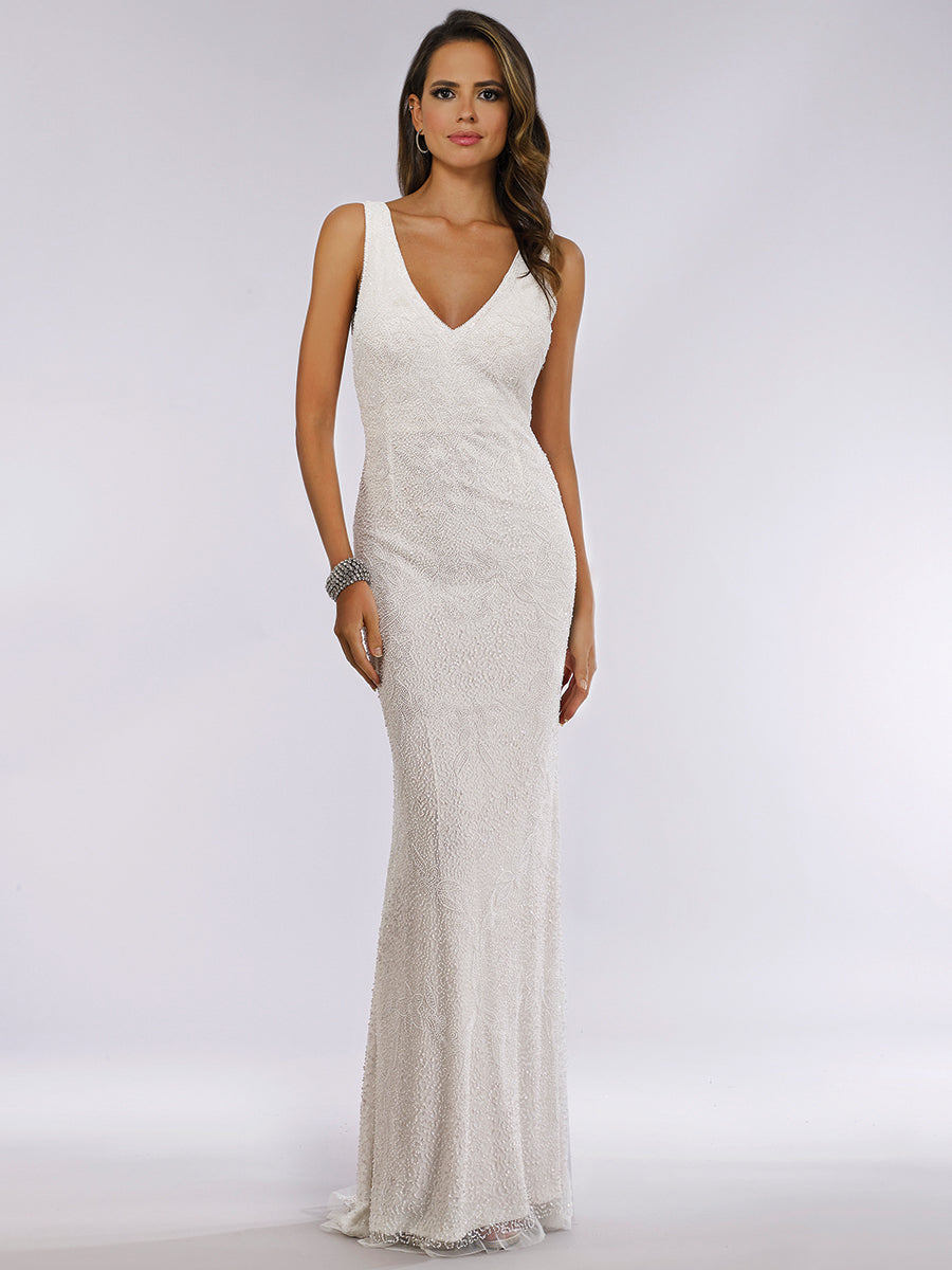 Lara Erika Beaded Draped Cowl Back V-Neck Wedding Dress 51049