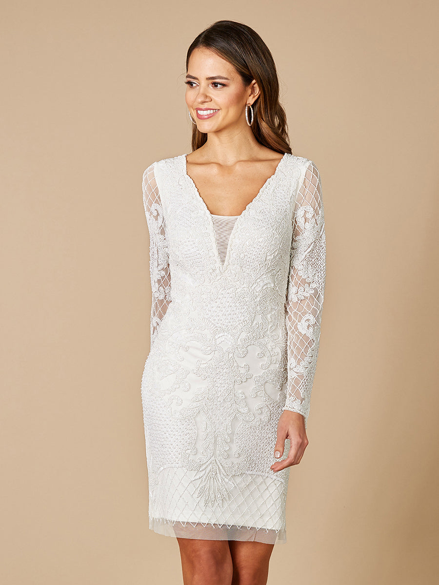 Lara 51052 Carla Long Sleeve Beaded Lace Mini Dress Ivory / 6