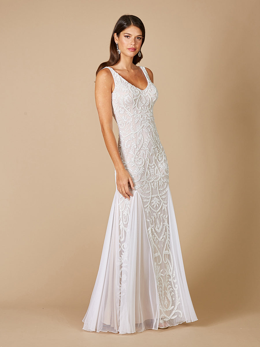 Lara Greta Beaded V-Neck Tulle Wedding Dress with Contrast Lining 51061