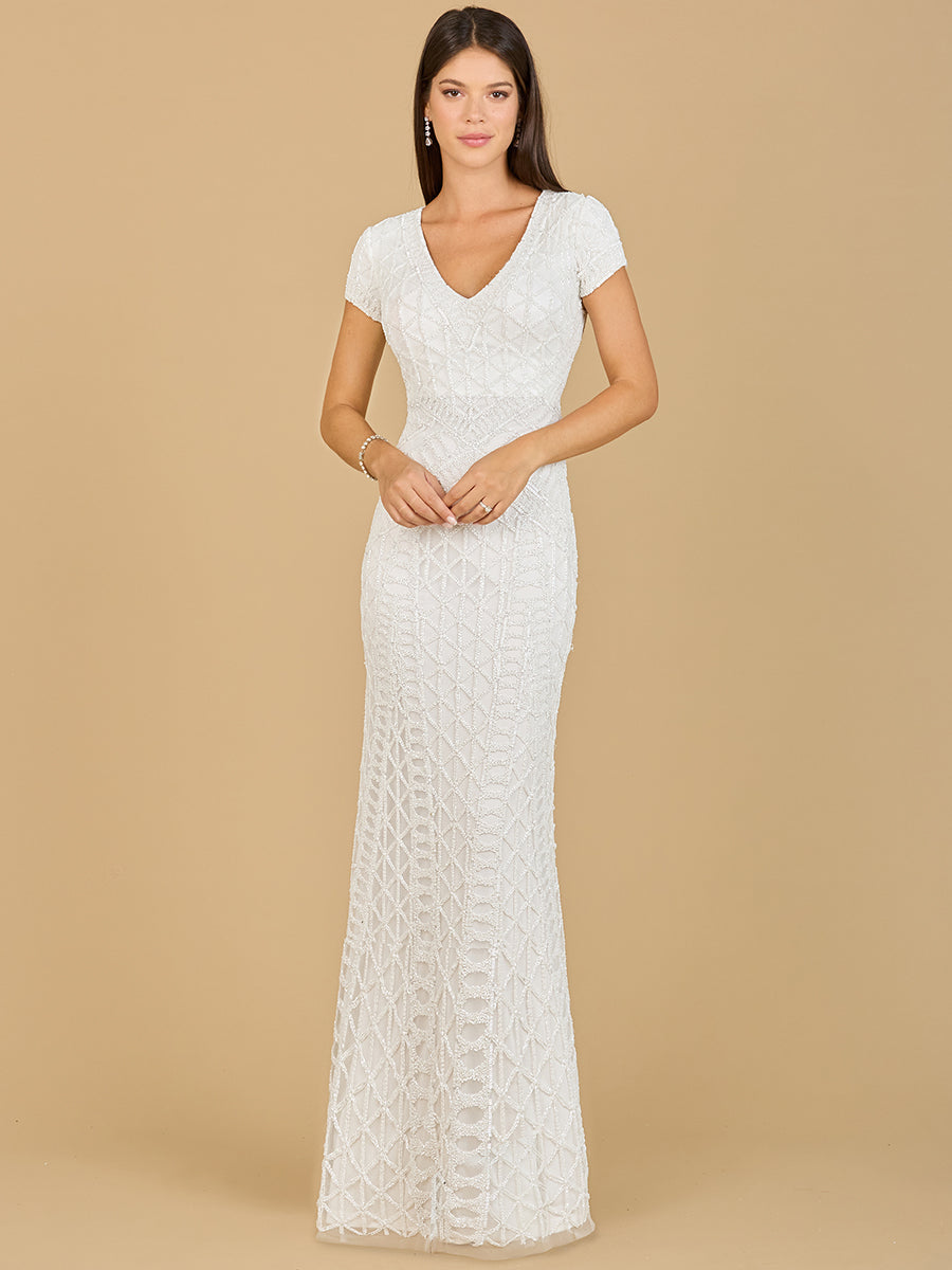 Beaded V-Neckline Dress with Cap Sleeves 51141