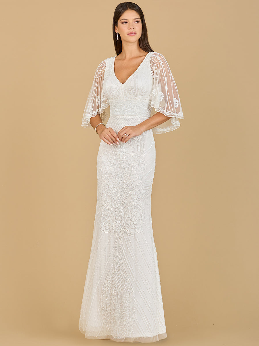 Cape Sleeve V-Neck Beaded Gown 51142