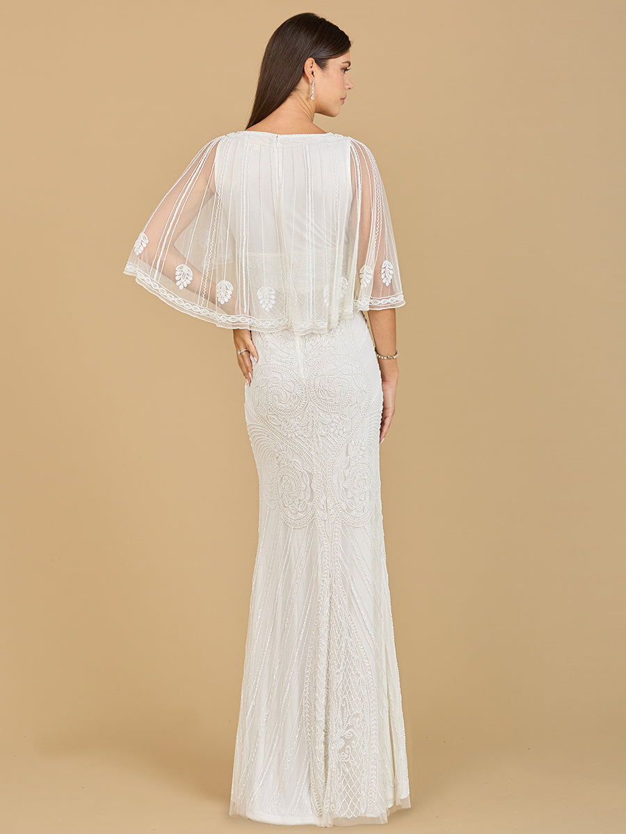 Cape Sleeve V-Neck Beaded Gown 51142