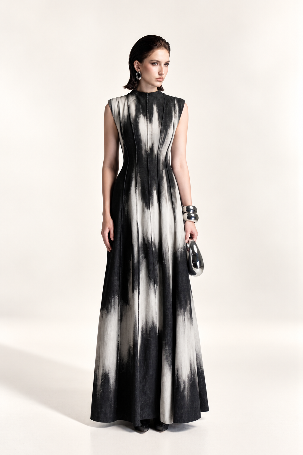Stand-Collar Raised-Panel Washed Denim Dress