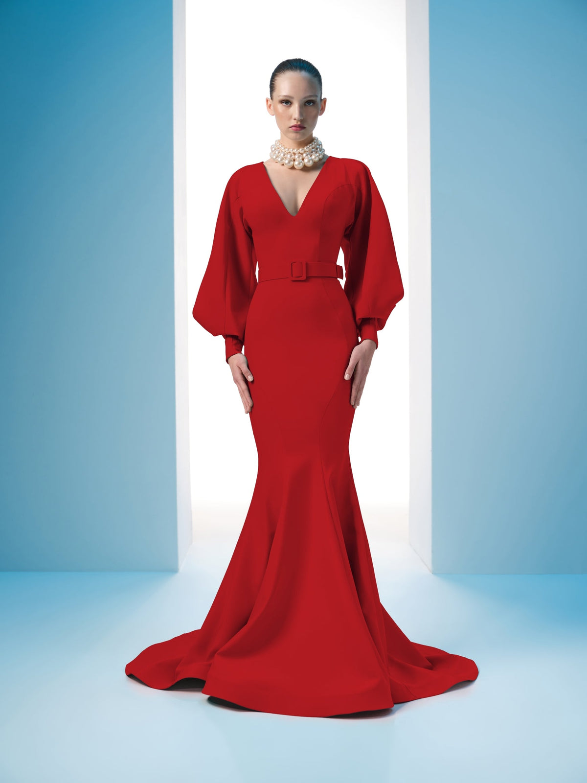 Nour Fathallah N0605 - Crepe Mermaid Gown with Puffed Sleeves
