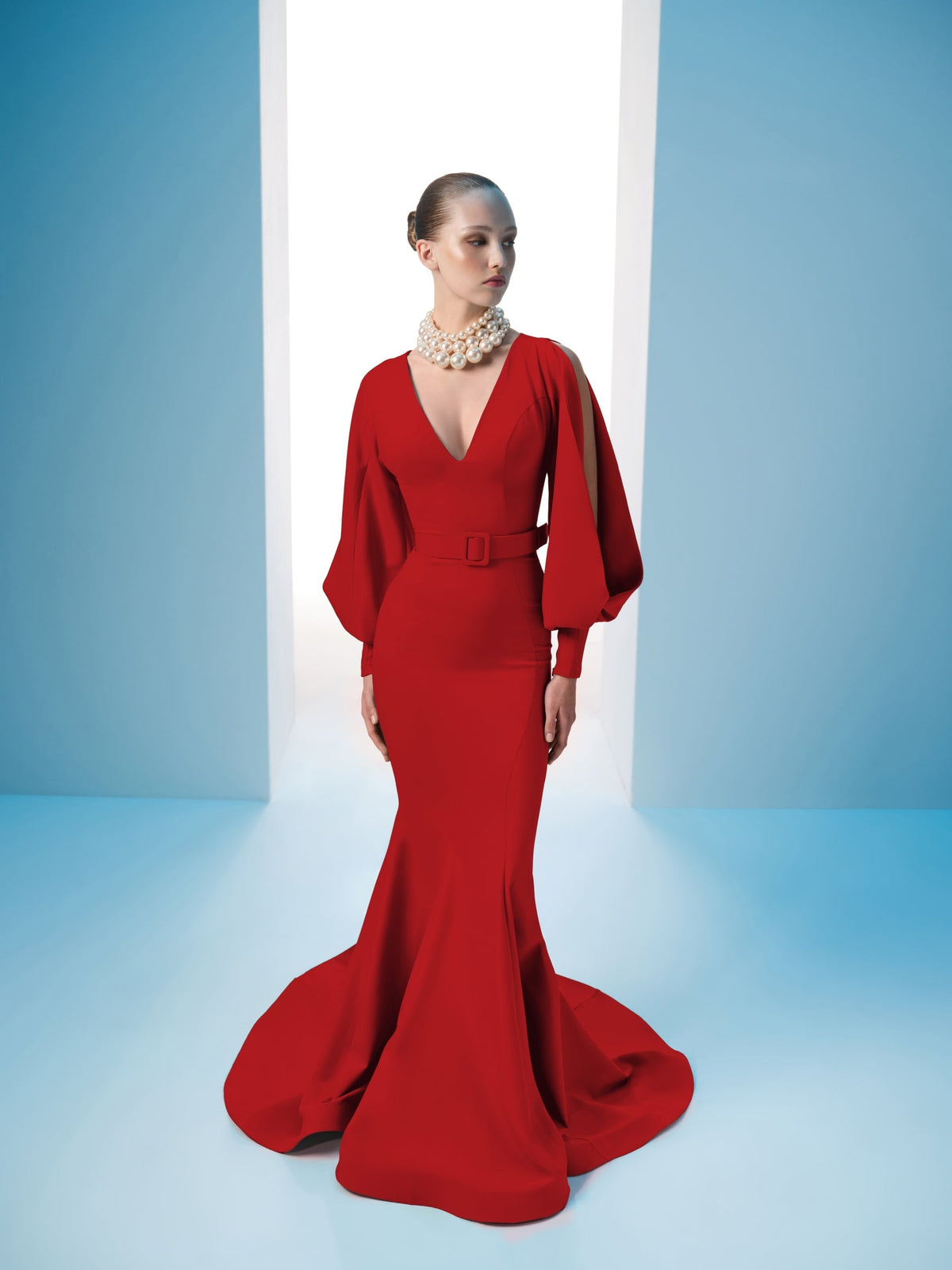 Nour Fathallah N0605 - Crepe Mermaid Gown with Puffed Sleeves