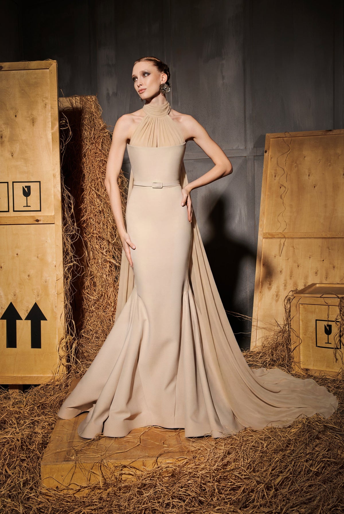 Nour Fathallah N0649 - Luxe Beige Mermaid Gown with Cape & Train