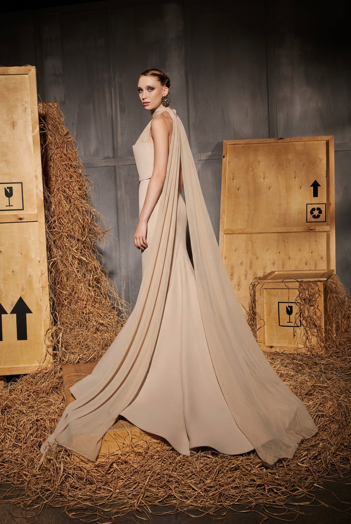 Nour Fathallah N0649 - Luxe Beige Mermaid Gown with Cape & Train