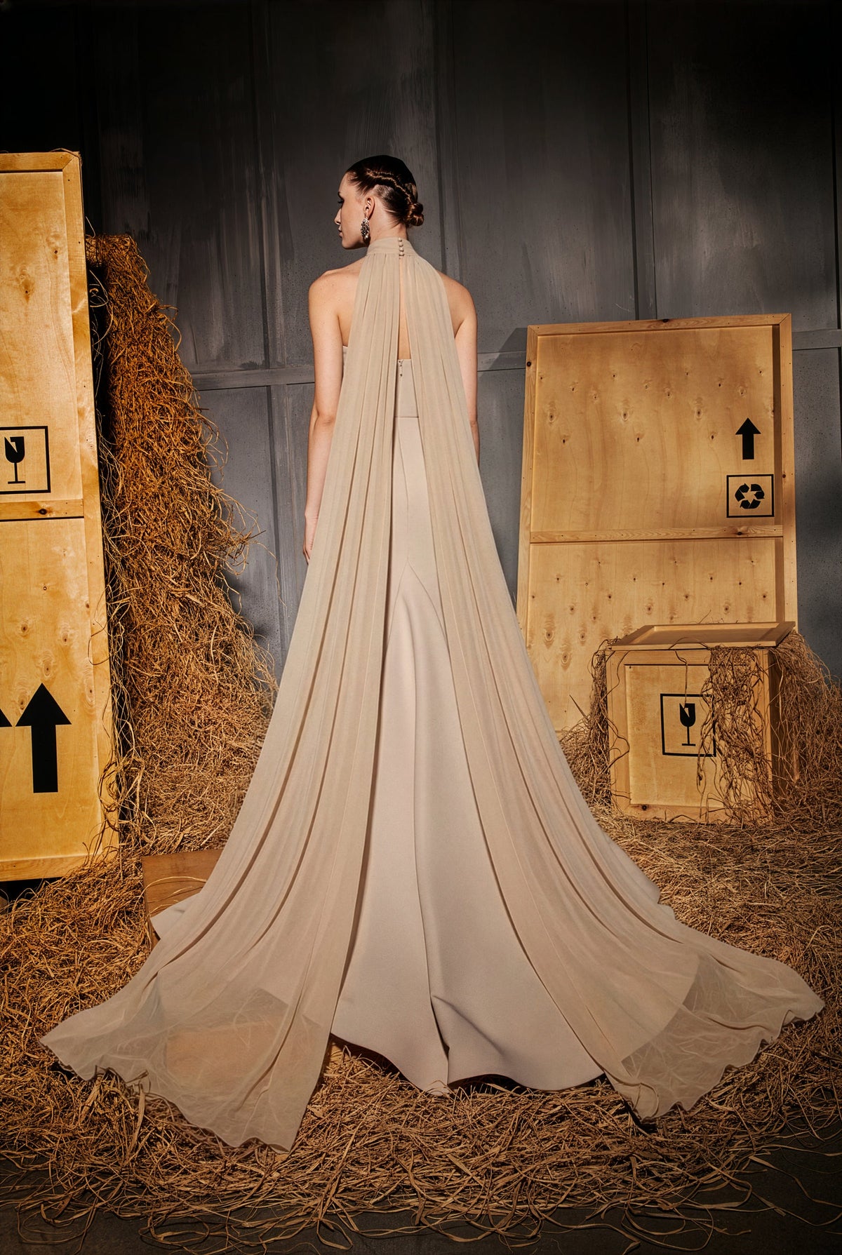 Nour Fathallah N0649 - Luxe Beige Mermaid Gown with Cape & Train