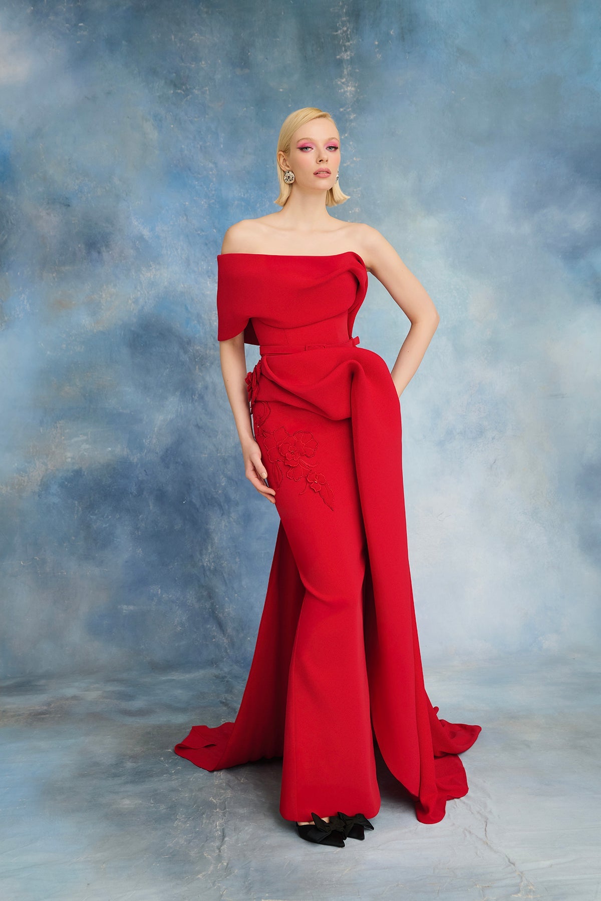 Nour Fathallah N0717 - Crimson Red Gown with Draped Train & Floral Appliqué