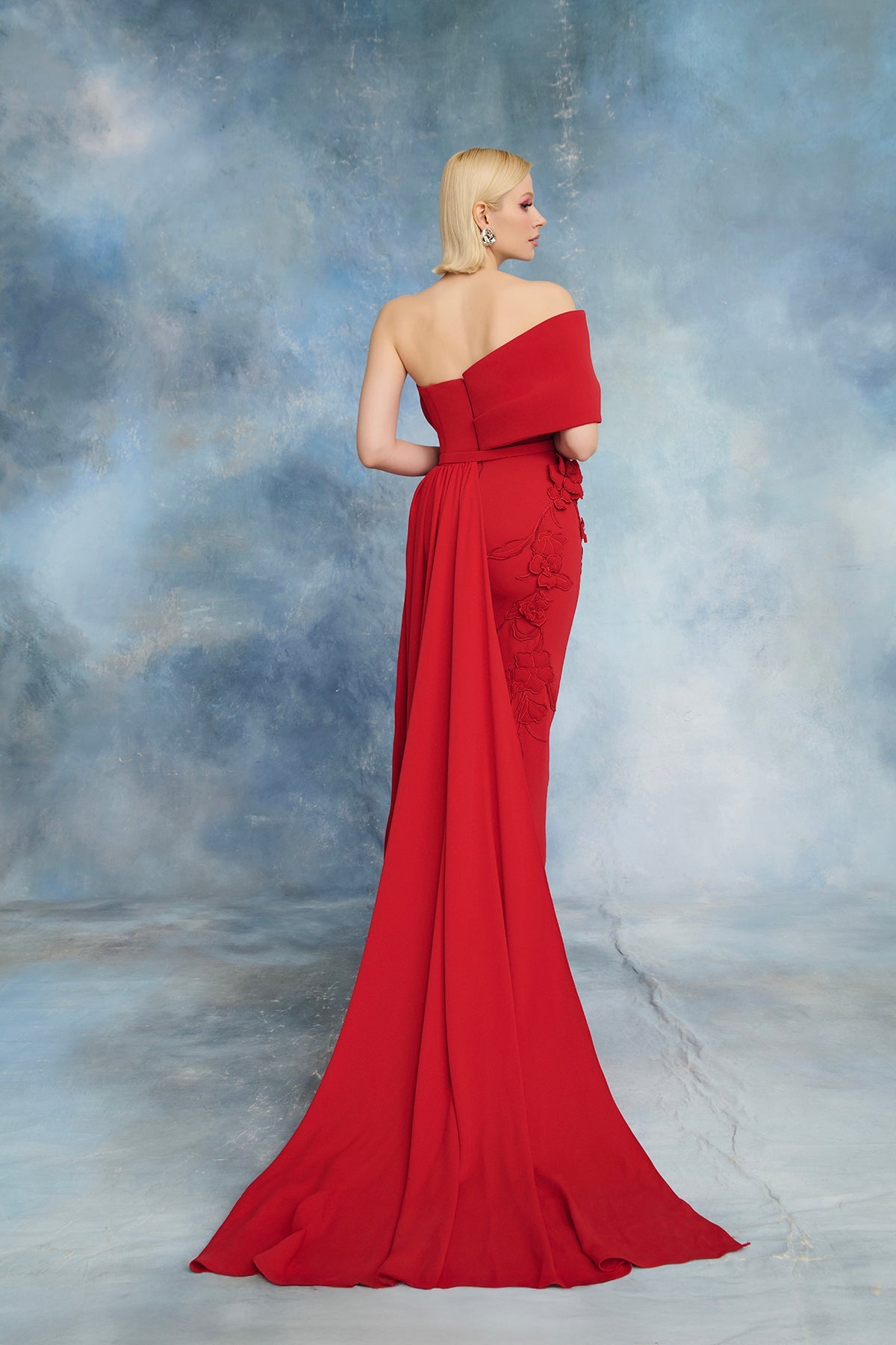 Nour Fathallah N0717 - Crimson Red Gown with Draped Train & Floral Appliqué