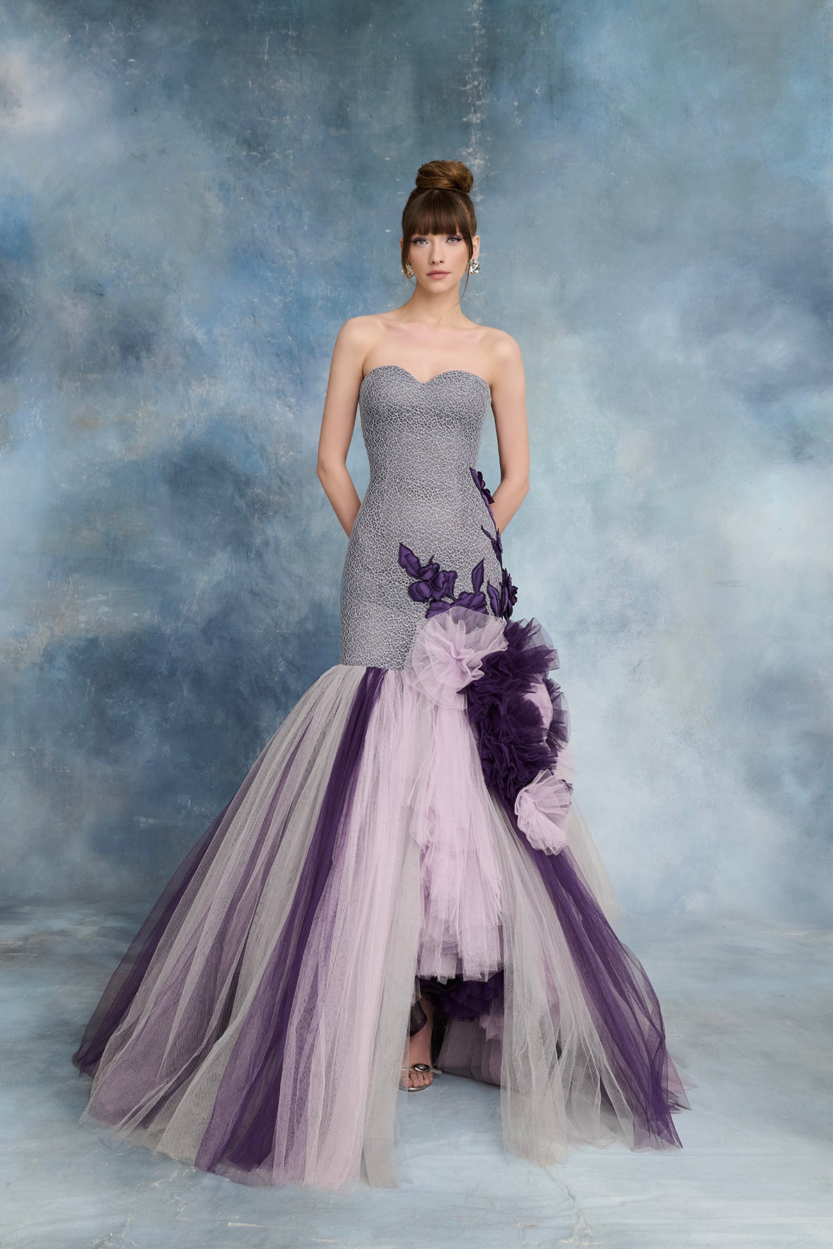Nour Fathallah N0718 - Blush & Purple Tulle Gown with Floral Appliqué