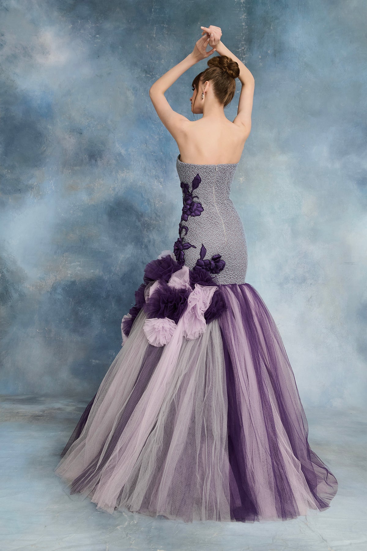 Nour Fathallah N0718 - Blush & Purple Tulle Gown with Floral Appliqué