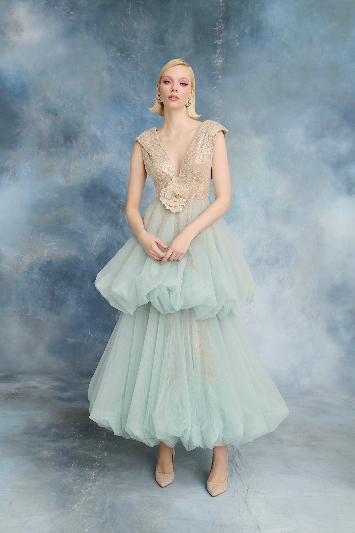 Nour Fathallah N0719 - Mint Lace & Tulle Dress with V-Neckline