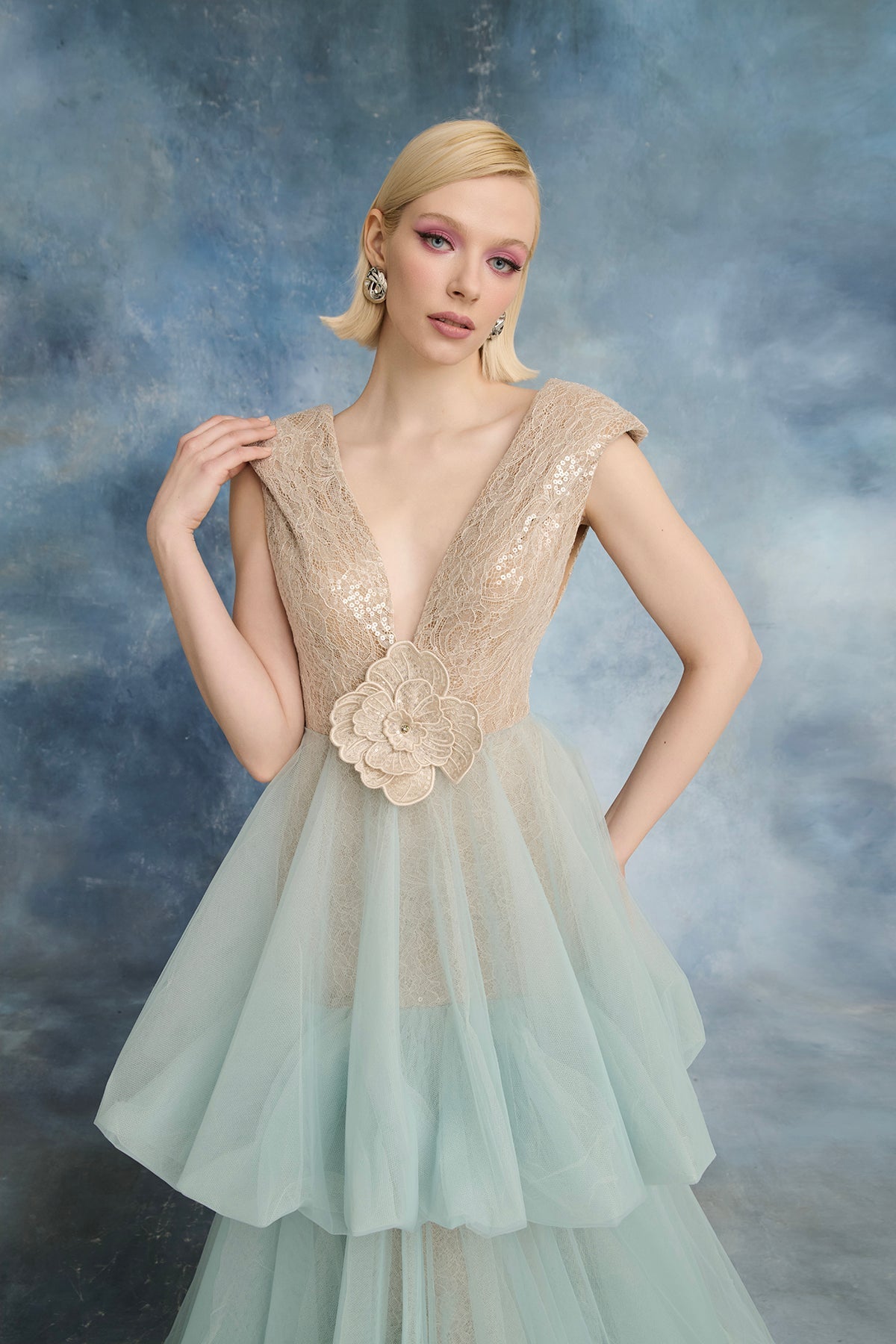 Nour Fathallah N0719 - Mint Lace & Tulle Dress with V-Neckline