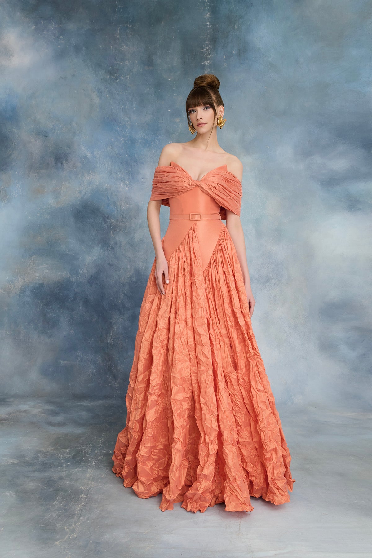 Nour Fathallah N0722 - Coral Taffeta Ball Gown with Sculptural Neckline