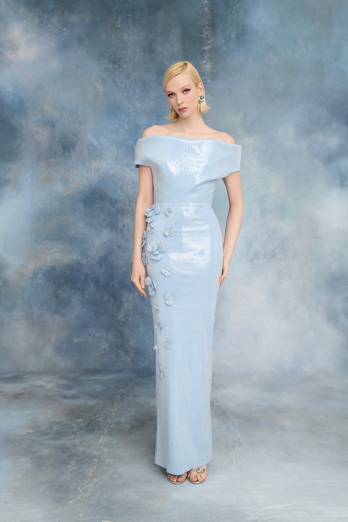 Nour Fathallah N0723 - Icy Blue Sequin Gown with Floral Appliqué