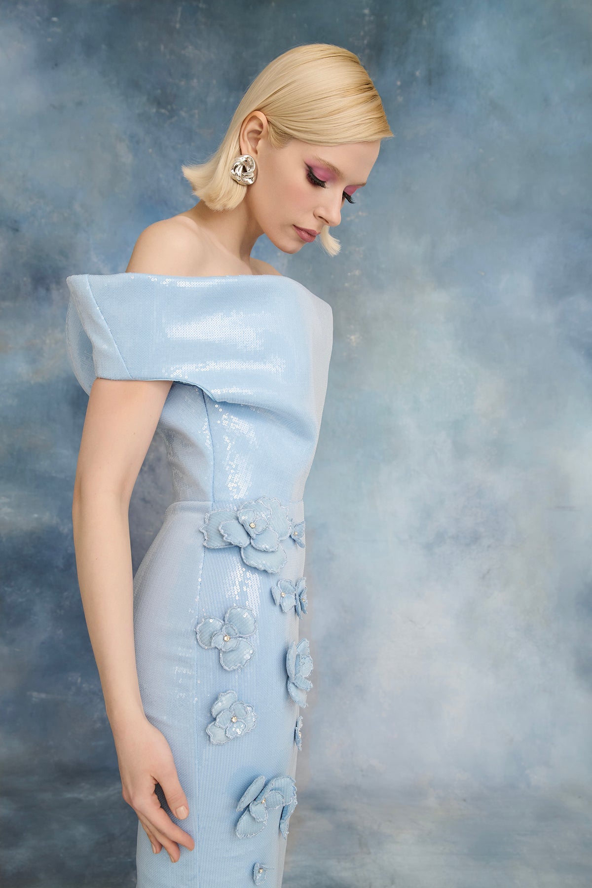 Nour Fathallah N0723 - Icy Blue Sequin Gown with Floral Appliqué