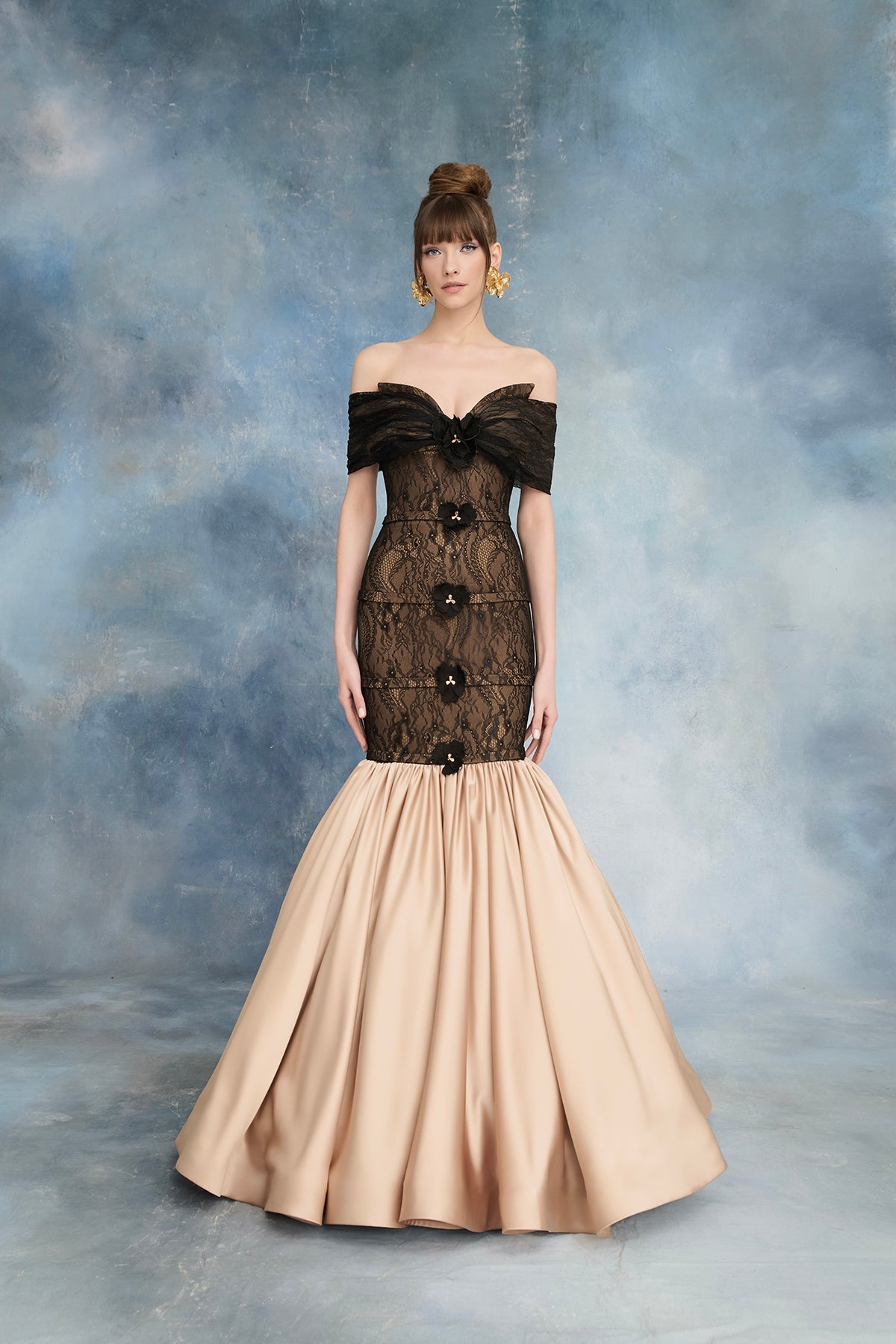 Nour Fathallah N0724 - Black Lace & Nude Satin Gown with Off-Shoulder Neckline