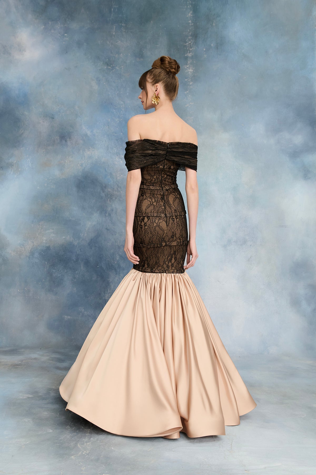Nour Fathallah N0724 - Black Lace & Nude Satin Gown with Off-Shoulder Neckline