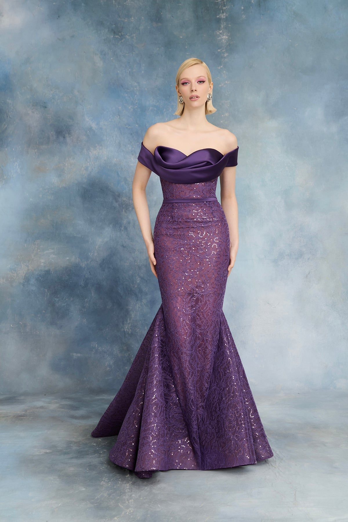 Nour Fathallah N0725 - Purple Sequined Lace Mermaid Gown with Draped Neckline