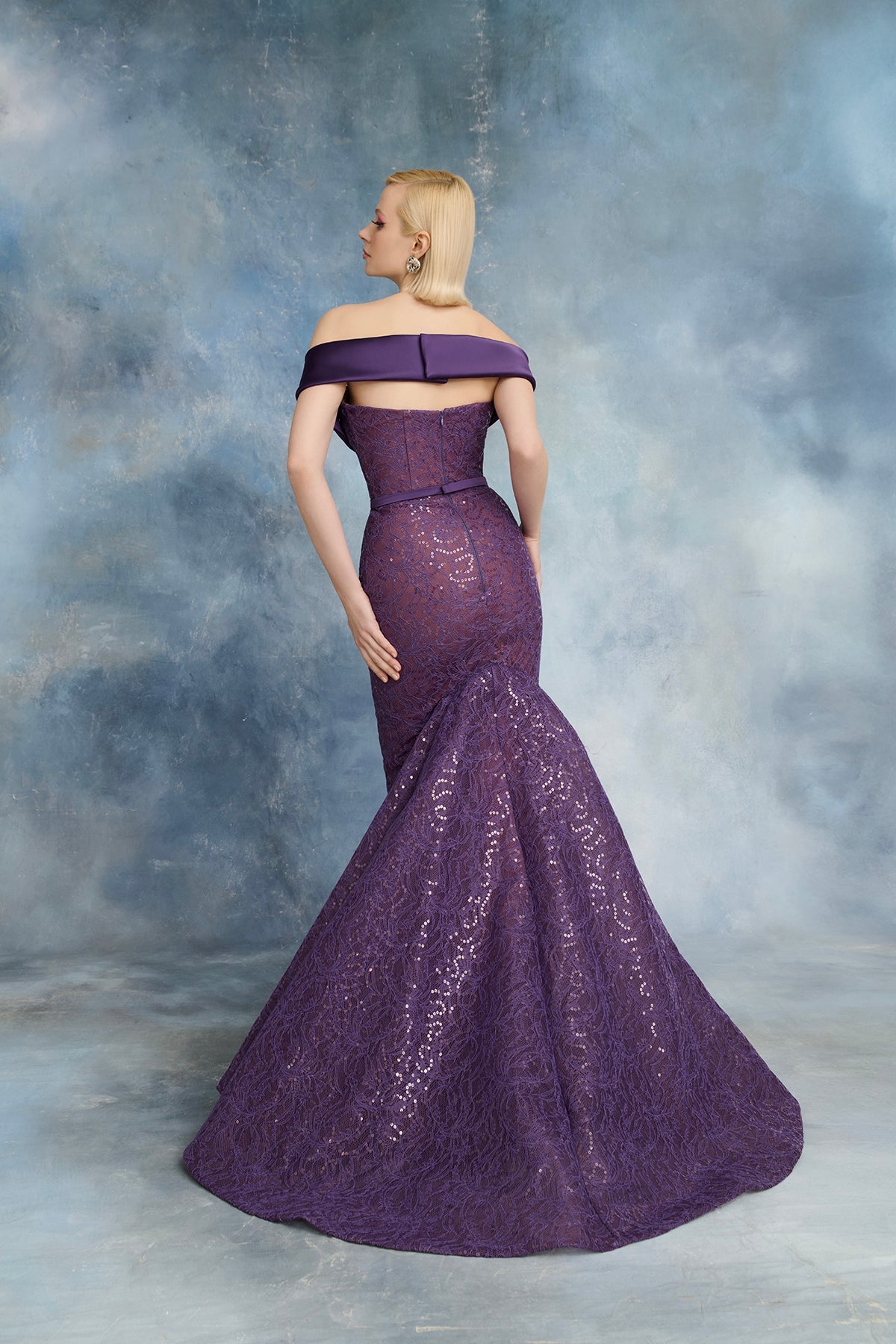 Nour Fathallah N0725 - Purple Sequined Lace Mermaid Gown with Draped Neckline