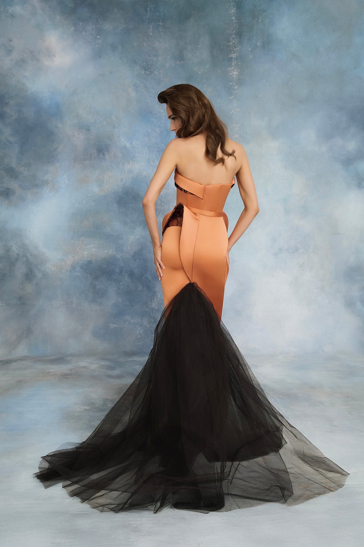 Nour Fathallah N0726 - Amber & Black Gown with Lace Accents & Tulle Train
