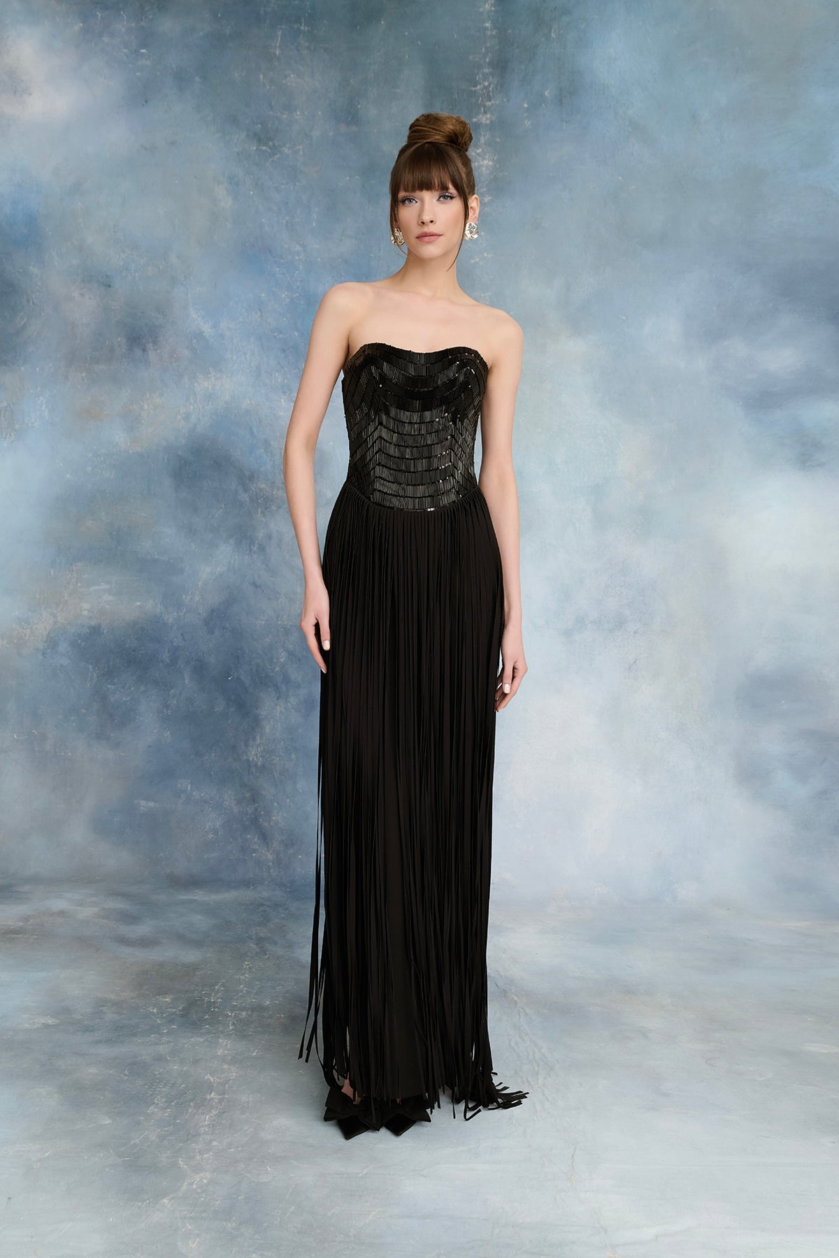 Nour Fathallah N0727 - Black Sequined Gown with Crepe Fringe Detail
