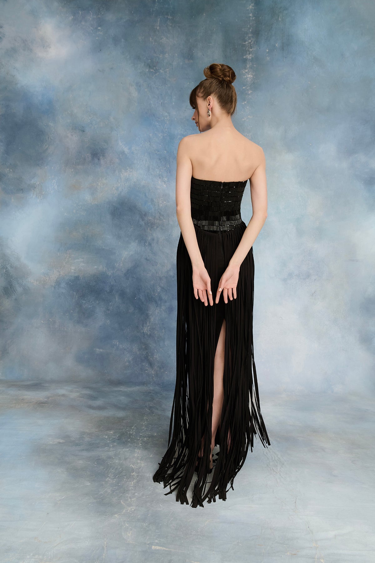 Nour Fathallah N0727 - Black Sequined Gown with Crepe Fringe Detail