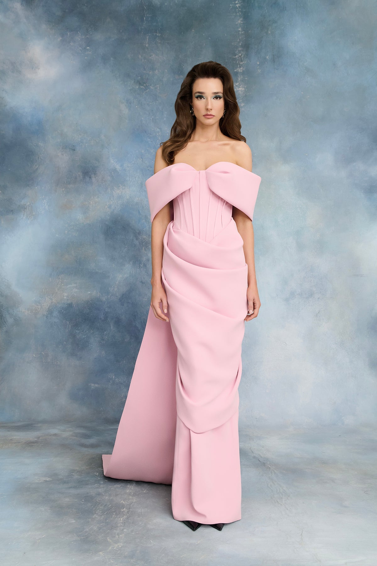 Nour Fathallah N0728 - Blush Off-Shoulder Crepe Gown with Embroidered Train