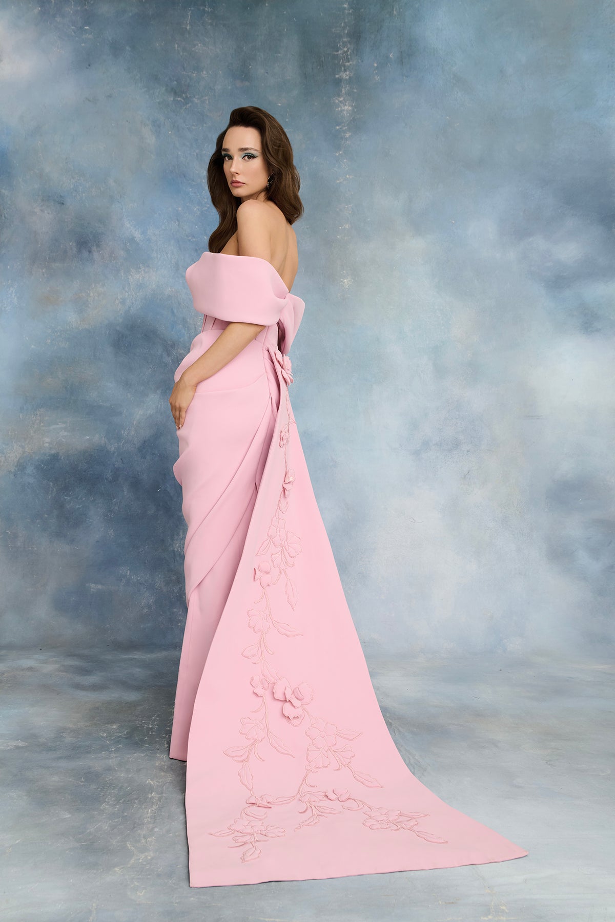 Nour Fathallah N0728 - Blush Off-Shoulder Crepe Gown with Embroidered Train