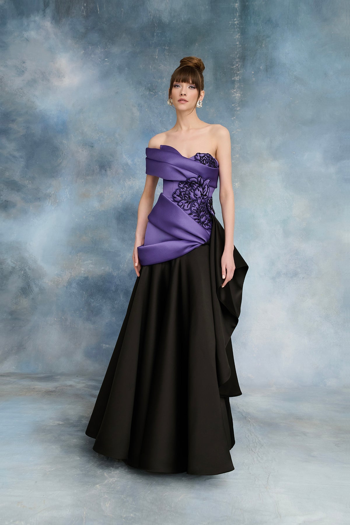 Nour Fathallah N0729 - Off-Shoulder Gown with Purple Bodice & Black Skirt