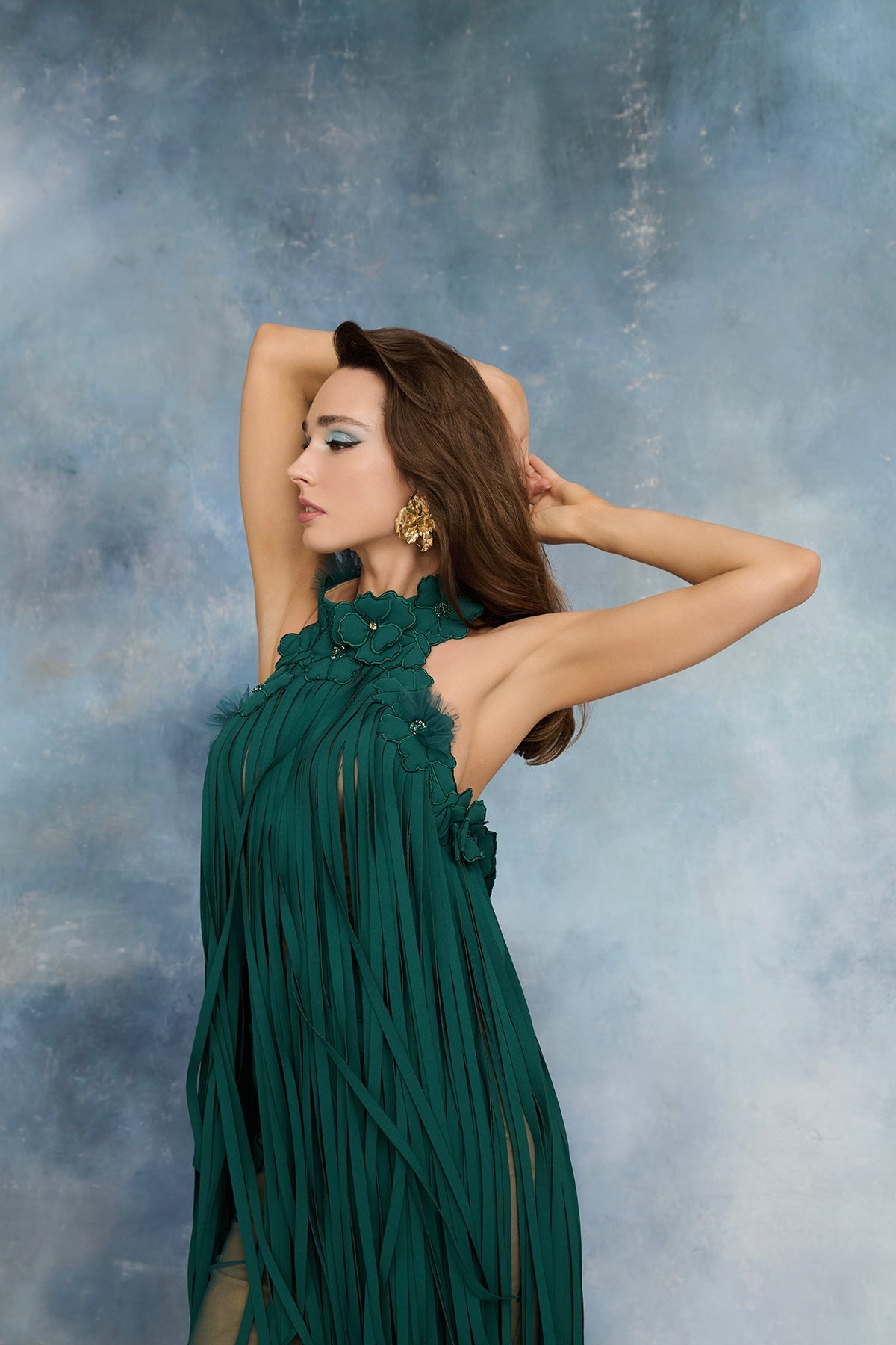 Nour Fathallah N0730 - Emerald Halter Gown with Cascading Fringe
