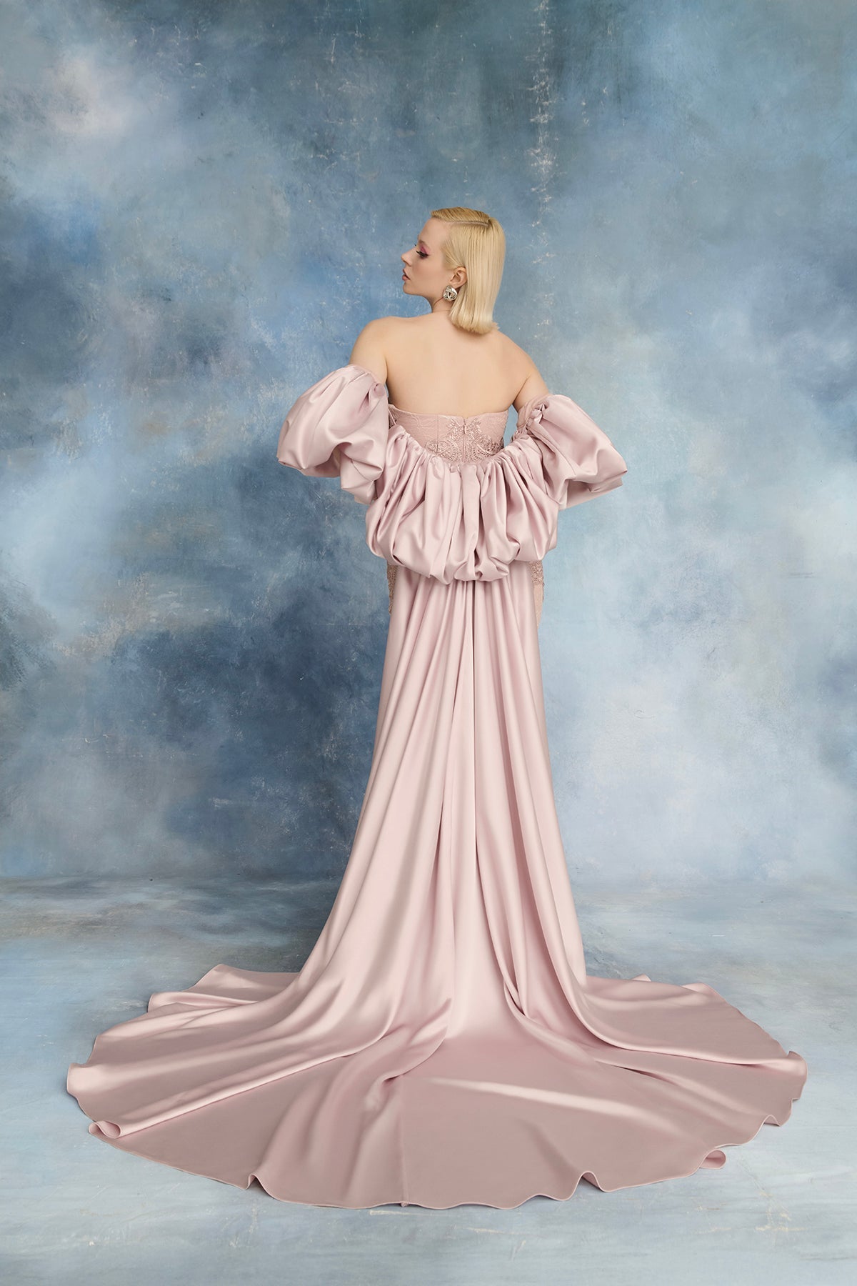 Nour Fathallah N0731 - Blush Lace Gown with Flowing Satin Cape