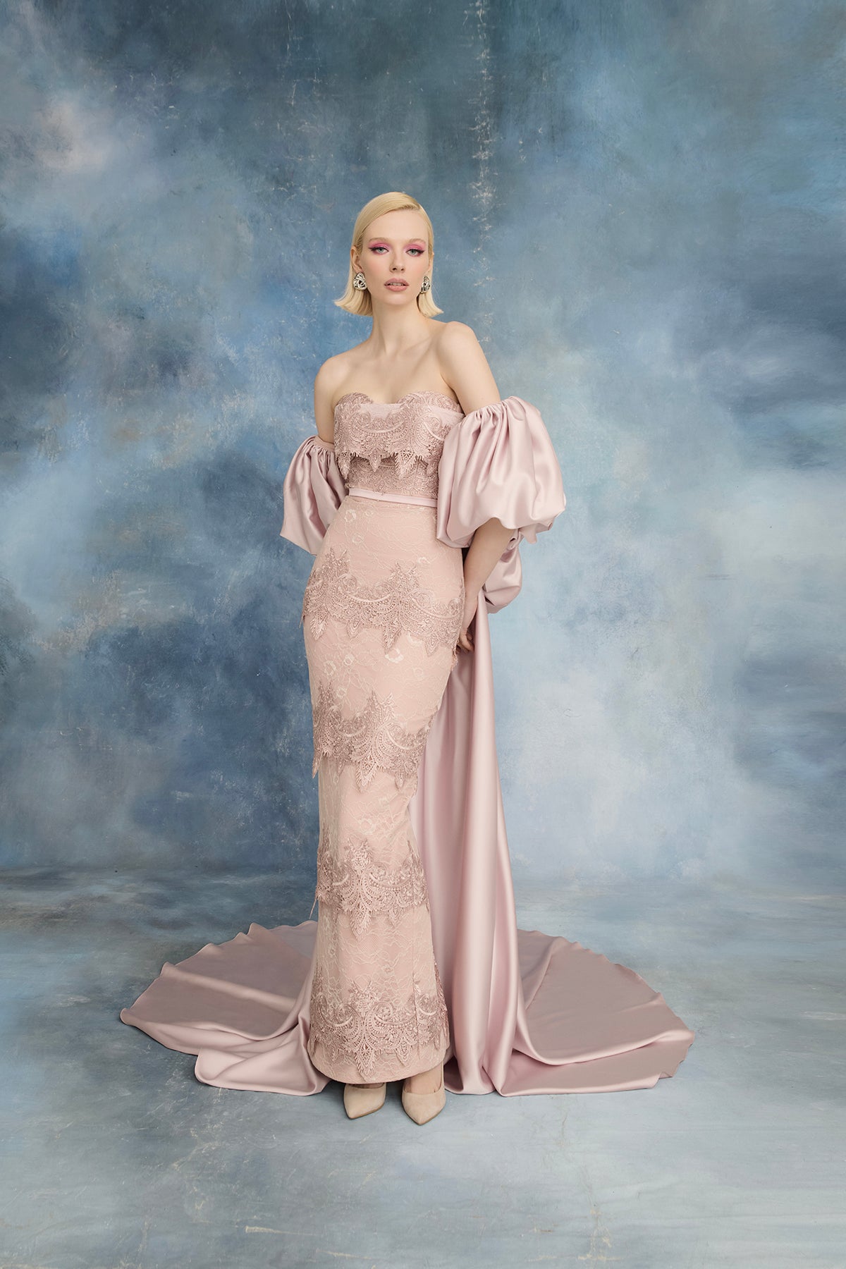Nour Fathallah N0731 - Blush Lace Gown with Flowing Satin Cape