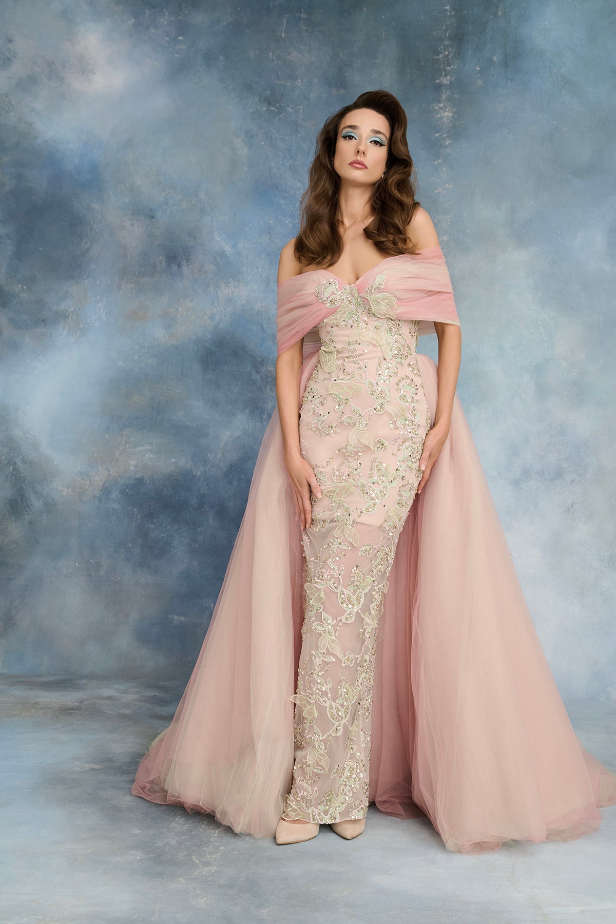 Nour Fathallah N0734 - Blush Off-Shoulder Gown with Beaded Embroidery